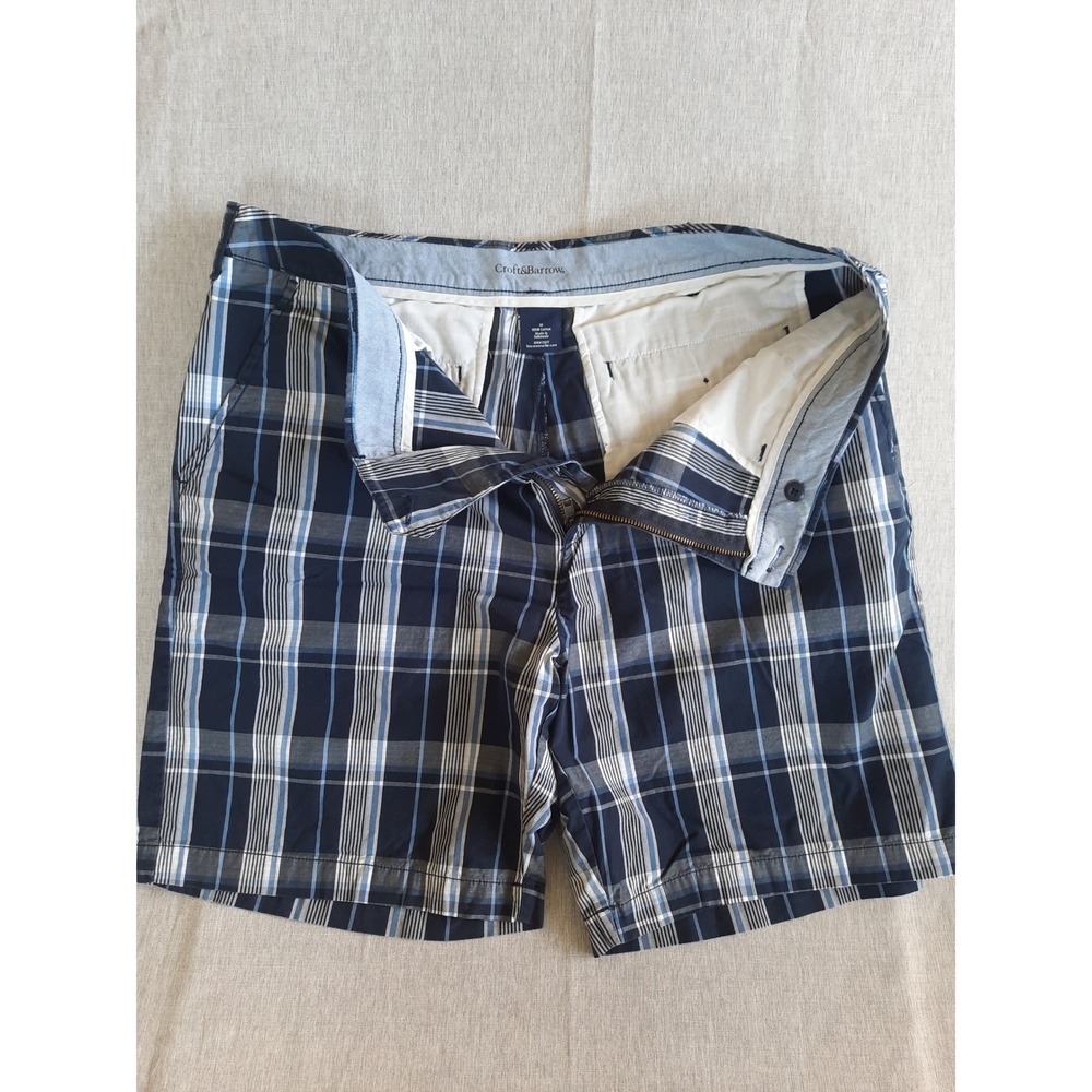 Croft & Barrow Men's Size 38 Navy Blue Plaid Checkered Utility Flat Front Shorts